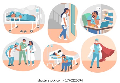 Tired overworked doctors, nurses, paramedics, vector flat isolated illustration. Exhausted healthcare professionals become doctors superheroes saving human lives fighting coronavirus Covid-19 disease.