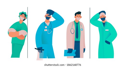 Tired overworked doctors, nurses, paramedics, vector flat isolated illustration. Exhausted Healthcare workers. Coronavirus pandemic, Covid-19 quarantine. Flat cartoon vector illustration.