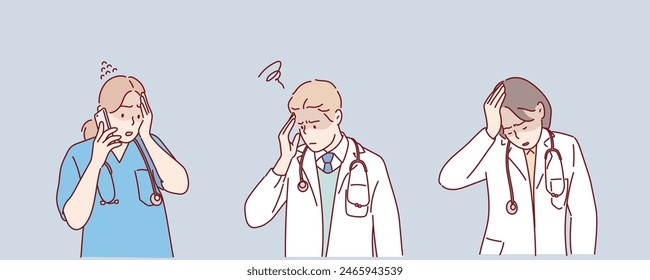 Tired overworked doctors, nurses, paramedics. Hand drawn style vector design illustrations.