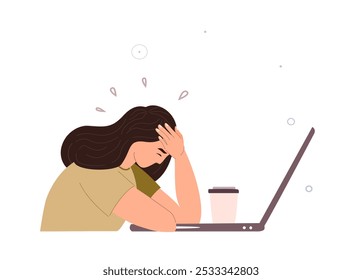 Tired overworked employee at desk holding her forehead. Fatigue exhausting office worker with headache and pain. Exhausted worker is not able to work without coffee.Flat Vector Illustration