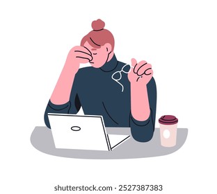 Empleado cansado y sobrecargado de trabajo en el escritorio, quitándose las gafas. Fatiga agotado trabajador de oficina con dolor de cabeza y ojos doloridos en el ordenador portátil en el trabajo. Ilustración vectorial plana aislada sobre fondo blanco