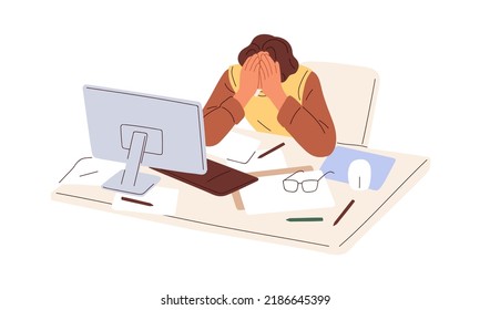 Tired overworked employee at workplace. Exhausted fatigue office worker with eyes ache, sitting at computer desk, overloaded with work, papers. Flat vector illustration isolated on white background