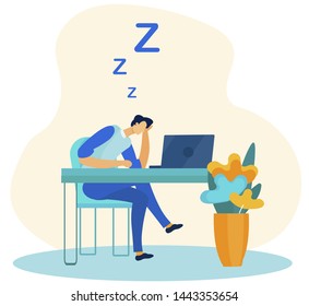 Tired and Overworked Male Worker Sleeping in Office Flat Cartoon. Exhausted Employee Falling Asleep at Work. Lazy Man Character Having Sweet Dreams behind Desk with Laptop. Vector Illustration