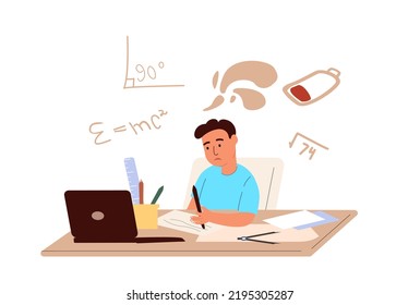 Cansado estudiante sobrecargado de trabajo sentado triste y estudiando, aprendiendo matemáticas. Niño fatigado exhausto, cabeza sobrecargada cansada, sentado en el escritorio de la computadora, aprendizaje escolar. Ilustración vectorial plana aislada en