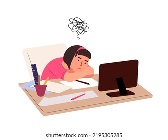 Tired overworked pupil girl sit sad and studying.Exhausted fatigue kid, tired overload head,sit at computer desk,overloaded with school,copybooks.Flat vector illustration isolated on white