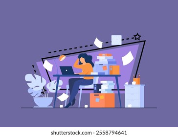 Tired overworked secretary or accountant working at laptop near pile of folders and throwing papers. Vector illustration for stress at work, workaholic, busy office employee concept