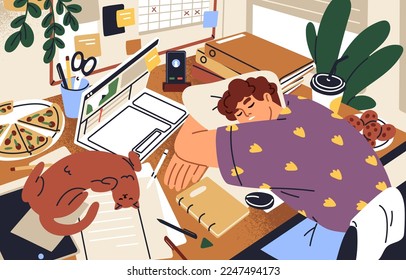 Tired overworked workaholic sleeping at desk in mess. Exhausted freelance worker overloaded with work, napping at workplace with laptop and food at home. Exhaustion concept. Flat vector illustration