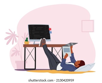 Tired Overworked Worker, Business Character Lying on Floor near Office Desk Looking Movie on Laptop Postpone Work. Emotional Burnout, Employee Laziness at Working Place. Cartoon Vector Illustration