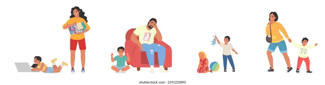 Tired parent and capricious naughty children vector scene set. Mother and father in stress suffering from kids hyperactivity and disobedience illustration. Parenting problem concept