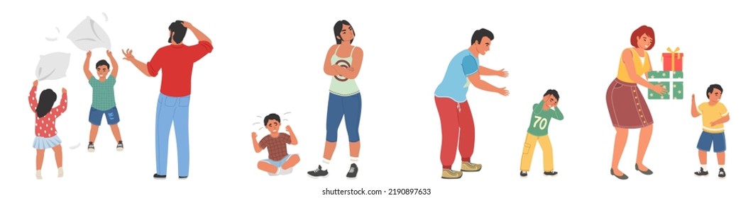 Tired parent exhausted with nursing little kids vector scene set. Hyperactive children claiming attention Crazy day. Reality of parenthood. Family problem with naughty child concept