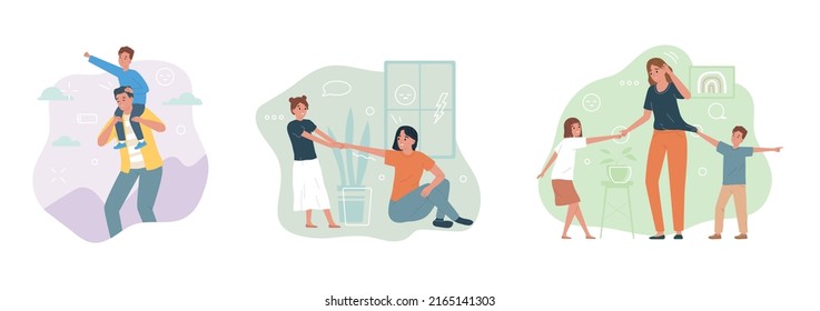 Tired parents and annoying children flat icons set isolated vector illustration