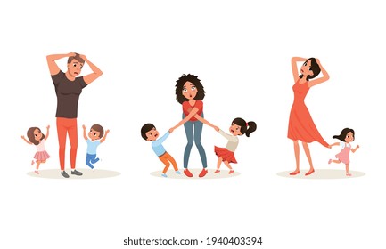 Tired Parents And Children Set, Stressed Exhausted Dad And Mom With Naughty Playful Kids Cartoon Vector Illustration