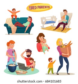Tired parents isolated decorative elements with mother and father holding baby in arms flat cartoon vector illustration