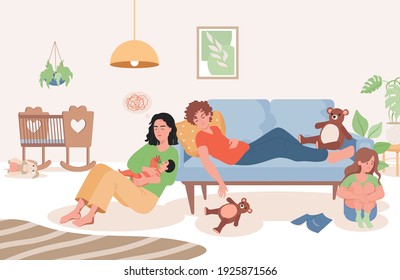 Tired parents with little child in the living room vector flat illustration. Exhausted father lying on couch, sleepy mother trying to calm her newborn baby. Parenthood, parenting concept.