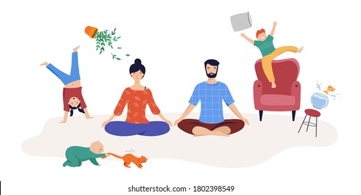 Tired parents, mom and dad of two kids trying to relax, to meditate. Children play, jump and run around them