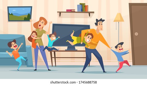 Tired parents. Mother and father playing with kids in living room interior screaming children depressed family vector background