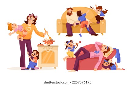 Tired Parents with Naughty Children Playing Around Vector Set