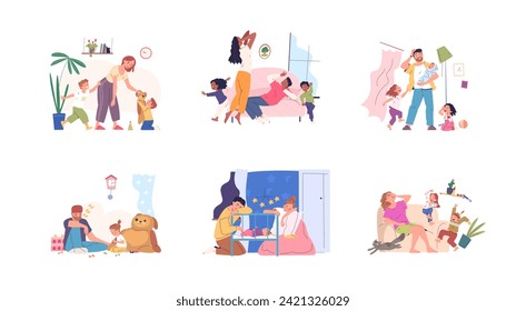 Tired parents. Parental stress, busy sleepy parent and naughty children home parenting routine exhausted dad depressed mother and adhd disobedient kids, classy vector illustration on white