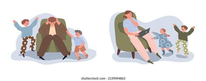 Tired parents is sitting on the armchair. An exhausted people parental responsibilities. Kids requires attention. The concept of the difficulties of motherhood, fatherhood. Vector flat illustration.