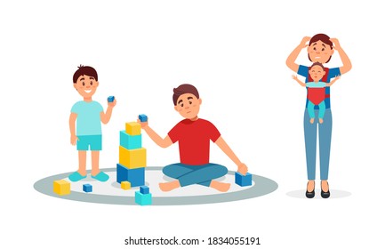 Tired Parents Troubled with Nursing and Playing with Kids Vector Illustration Set