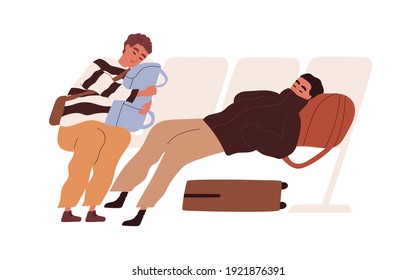 Tired passengers with suitcases sleeping in chairs and waiting for delayed flight. Young travelers with luggage napping in airport. Color flat cartoon vector illustration isolated on white background