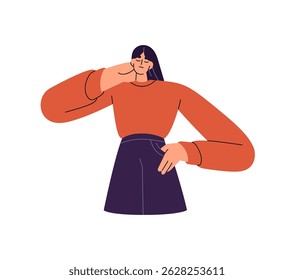 Tired pensive woman suffers from pain, touches neck. Puzzled girl with fatigue. Sad thinking person with closed eyes is exhausted from thoughts. Flat isolated vector illustration on white background