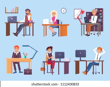 Tired people dreaming about holiday and travel during worktime office workers collection sitting by tables workplaces of employees vector illustration