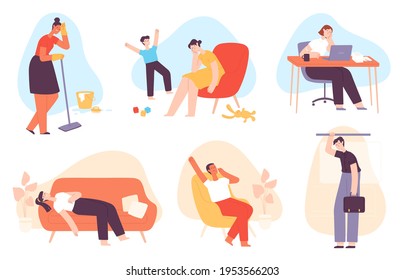 Tired people. Exhausted men and women with anxiety and stress. Depressed mother, bored office worker, sleepy and burnout person vector set. Character playing with kid, washing floor