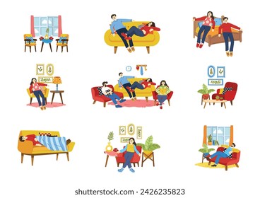 tired people laying down on couch collection flat style