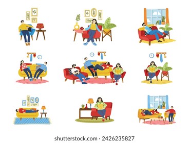 tired people laying down on couch collection flat style