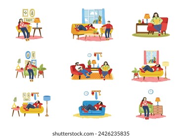 tired people laying down on couch collection flat style