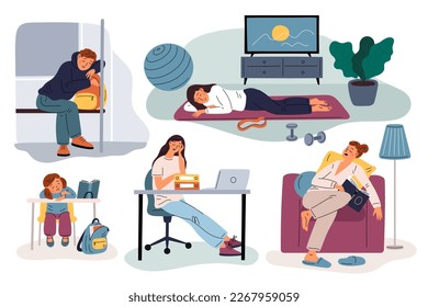 Tired people. Overworked employees. Parents and children. Narcolepsy or sleepiness. Suddenly asleep characters. Fatigue and drowsiness. Persons sleeping at table. Garish