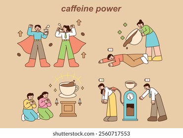 Tired people are recharging with caffeine and energizing themselves. People are worshipping coffee. outline simple vector illustration.