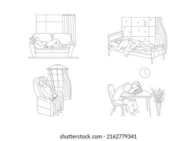 Tired people resting sleeping in bed, on sofa couch, in armchair, on table outline vector scene set. Man woman falling asleep at home or in office illustration
