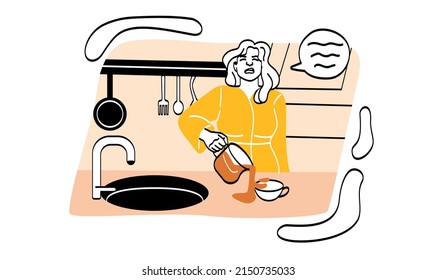 Tired people set. Girl in kitchen spilled juice or tea past bowl. Failures in household chores, difficulties and problems. Emotional burnout, character at home. Cartoon flat vector illustration