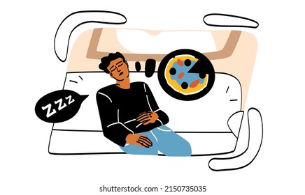 Cansados. Un chico joven durmiendo en un sofá pensando en la opresión. Hombre perezoso, personaje de vacaciones en condiciones cómodas. El agotamiento emocional del concepto de estrés. Dibujo vectorial plano de dibujos animados