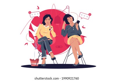 Tired people waiting for sms notification vector illustration. Women in bank line tired of waiting flat style. Expectation, exhausted, bad service concept. Isolated on white background