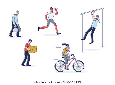 Tired people workout. Exhausted sweating cartoon characters training: riding bicycle, jogging, pulling up, carrying heavy burden with fatigue and pain. Linear vector illustration