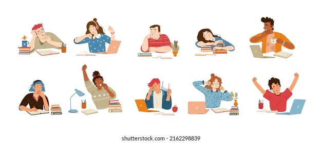 Tired people yawn while work or study at desk with books and laptop. Vector flat illustration of bored and sleepy characters, students feel tiredness, girl sleep on books stack