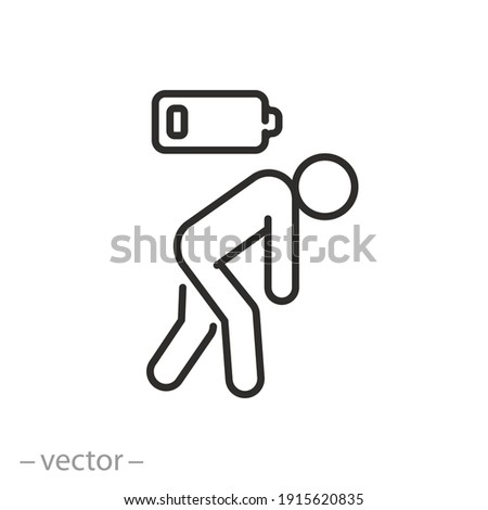 tired person icon, fatigue or exhausted, lack battery energy, low charge, burnout workplace, stress, thin line symbol on white background - editable stroke vector illustration