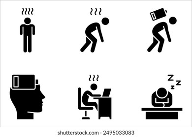 Müde Person Icon Set, Müdigkeit oder erschöpft, Stress, Vektorillustration auf weißem Hintergrund