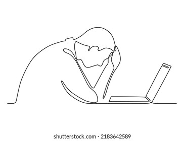 Tired person man work on laptop, problem mental health, continuous one art line drawing. Burnout, stress. Low energy from fatigue, exhausted. Male holds his head from failure, trouble. Vector