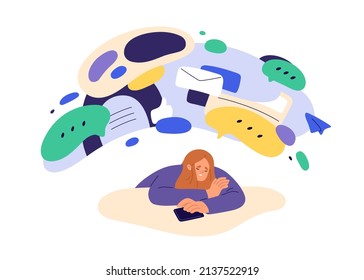 Tired person overloaded with social media information, chats. Woman under pressure of message, mail chaos. Digital communication excess concept. Flat vector illustration isolated on white background