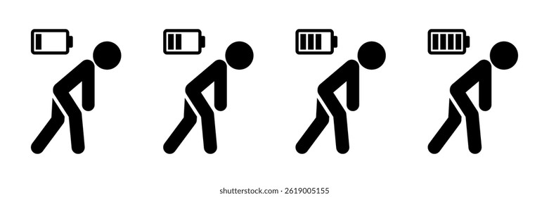 Tired person or people icon set. Fatigue or exhausted, lack battery energy, low charge, burnout workplace, stress, thin line symbol on white background. People with battery icons, logo, label. Vector