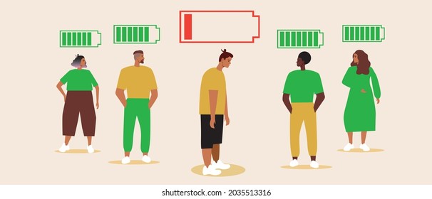 Tired Person In Society. Flat Vector Stock Illustration. Battery Indicator. Emotional Burnout. Support, Help From People. Low Energy Indicator. Burn Out As A Problem. Isolated Illustration