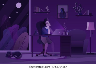 Tired person supporting head while doing freelance job in cozy room near window at night cartoon vector illustration.