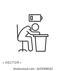 tired person in the workplace, low level energy in work battery, tiredness or burnout, exhausted and sleepy man concept, thin line symbol, editable stroke eps 10 vector illustration