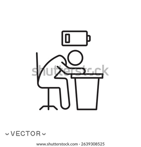 tired person in the workplace, low level energy in work battery, tiredness or burnout, exhausted and sleepy man concept, thin line symbol, editable stroke eps 10 vector illustration