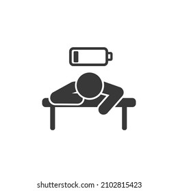 Tired person in the workplace, tiredness or burnout icon, low level energy in work battery, exhausted and sleepy man, editable stroke vector illustration