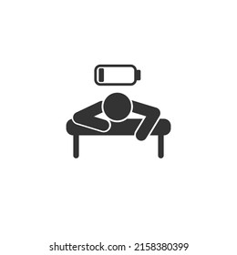 Tired person in the workplace, tiredness or burnout icon, low level energy in work battery, exhausted and sleepy man, thin line symbol - editable stroke vector illustration flat sign